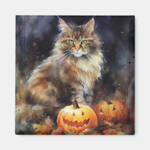 Halloween Maine Coon Cat With Pumpkins Scary Magnet