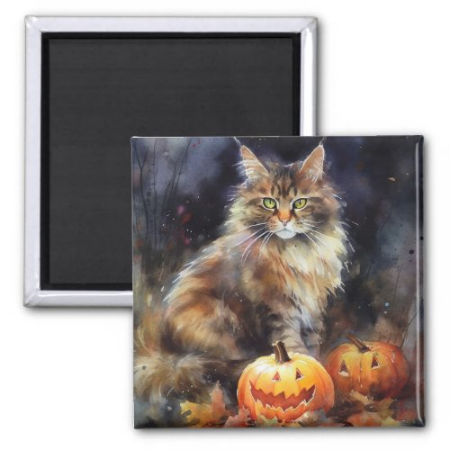 Halloween Maine Coon Cat With Pumpkins Scary Magnet