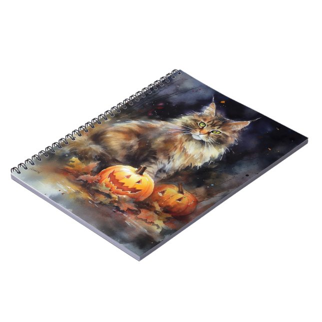 Halloween Maine Coon Cat With Pumpkins Scary Notebook (Left Side)