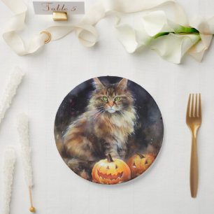 Halloween Maine Coon Cat With Pumpkins Scary Paper Plates