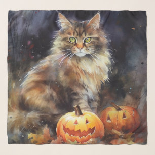 Halloween Maine Coon Cat With Pumpkins Scary Scarf