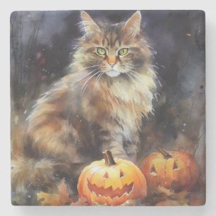 Halloween Maine Coon Cat With Pumpkins Scary Stone Coaster