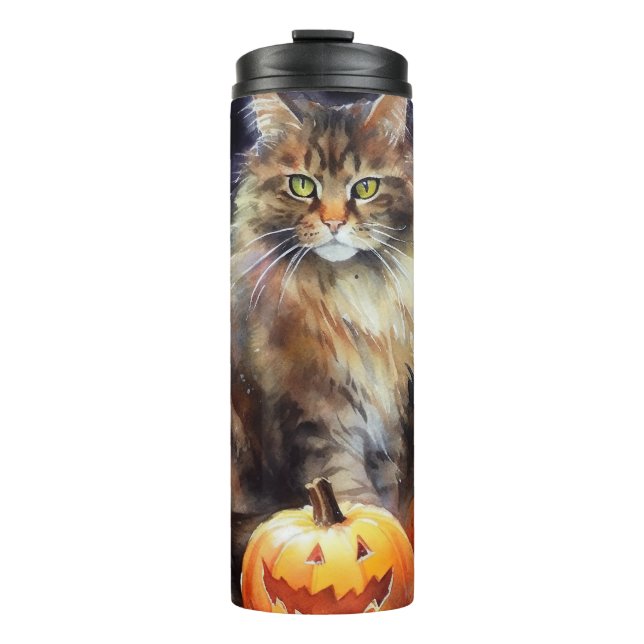 Halloween Maine Coon Cat With Pumpkins Scary Thermal Tumbler (Front)