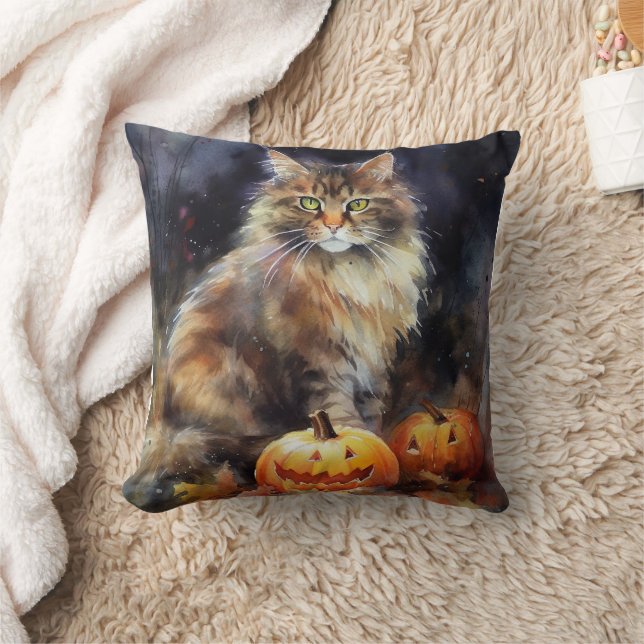 Halloween Maine Coon Cat With Pumpkins Scary Throw Pillow (Blanket)