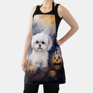 Halloween Maltese With Pumpkins Scary Apron