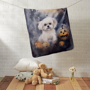 Halloween Maltese With Pumpkins Scary  Baby Blanket