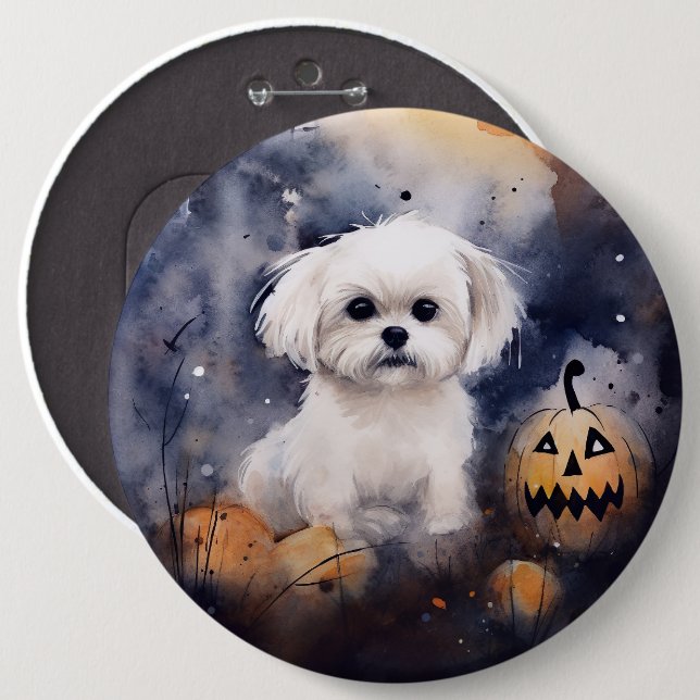 Halloween Maltese With Pumpkins Scary  Button (Front & Back)