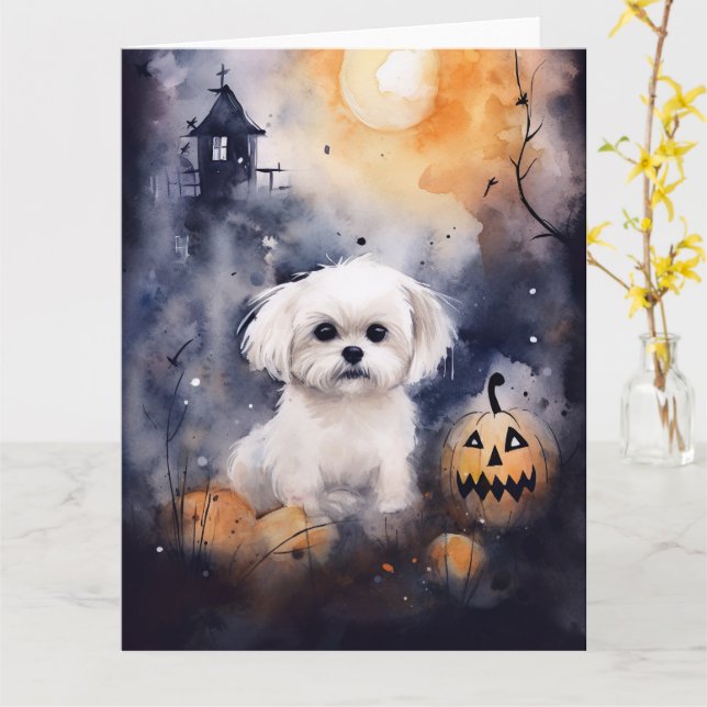 Halloween Maltese With Pumpkins Scary  Card (Yellow Flower)