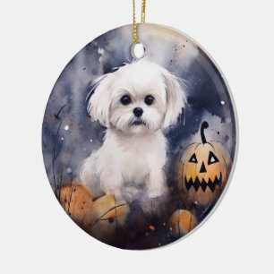 Halloween Maltese With Pumpkins Scary Ceramic Ornament