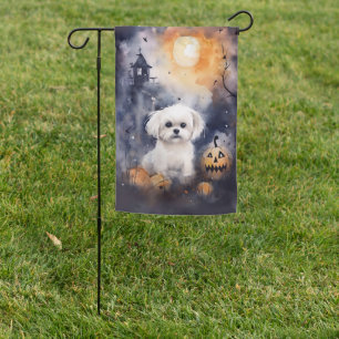 Halloween Maltese With Pumpkins Scary  Garden Flag