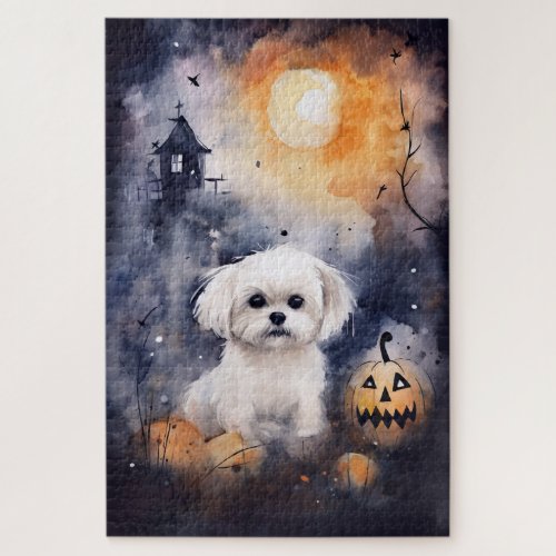 Halloween Maltese With Pumpkins Scary  Jigsaw Puzzle