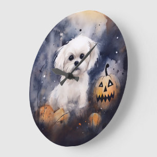 Halloween Maltese With Pumpkins Scary Large Clock
