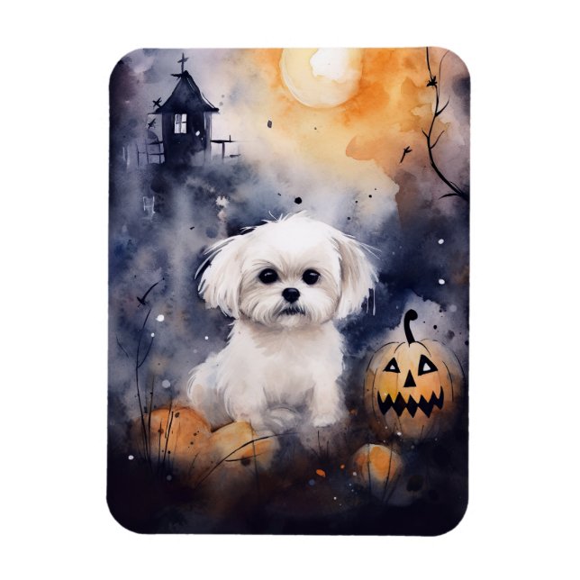 Halloween Maltese With Pumpkins Scary  Magnet (Vertical)