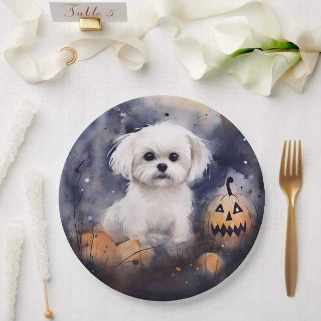 Halloween Maltese With Pumpkins Scary  Paper Plates (Wedding)