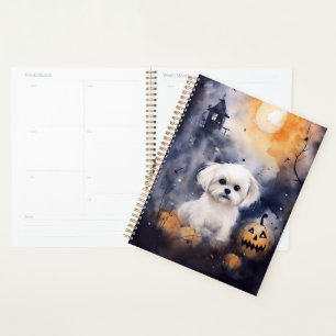 Halloween Maltese With Pumpkins Scary Planner