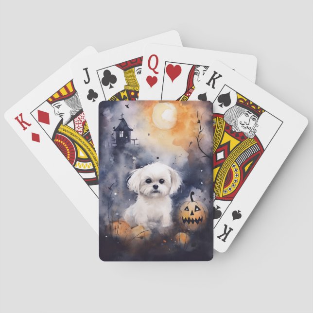 Halloween Maltese With Pumpkins Scary  Poker Cards (Back)