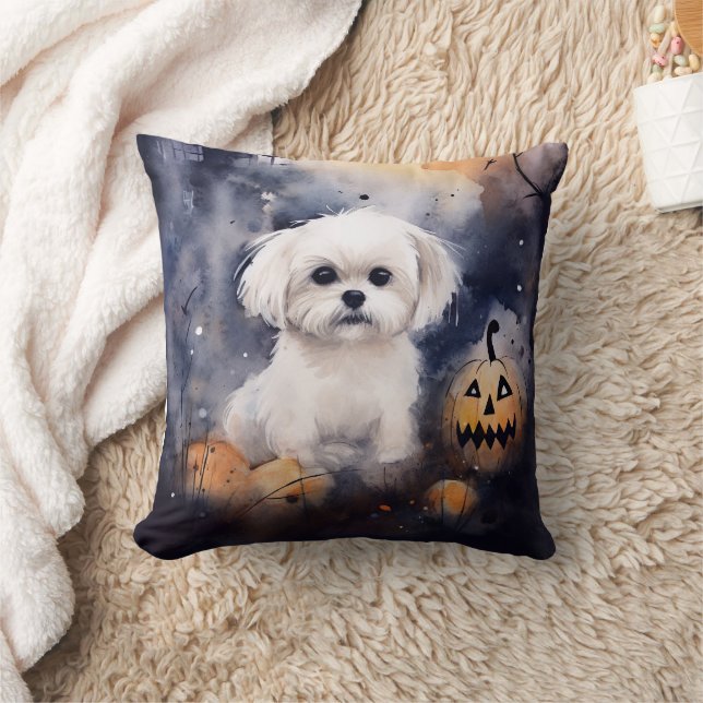 Halloween Maltese With Pumpkins Scary  Throw Pillow (Blanket)