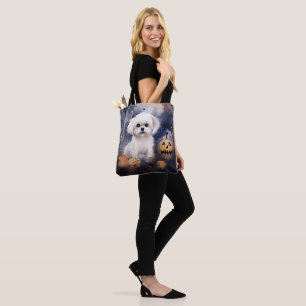 Halloween Maltese With Pumpkins Scary Tote Bag