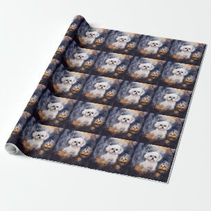 Halloween Maltese With Pumpkins Scary Wrapping Paper