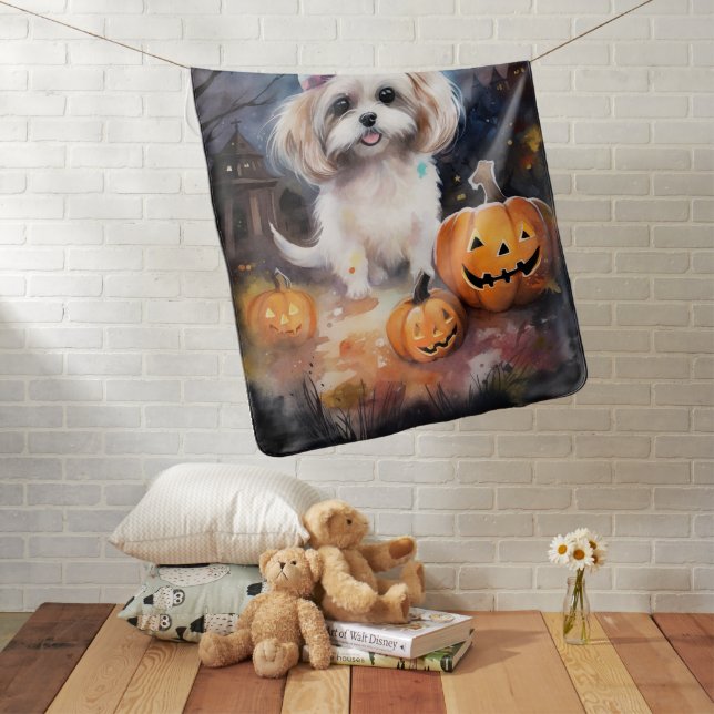 Halloween Malti Tzu With Pumpkins Scary  Baby Blanket (In Situ)