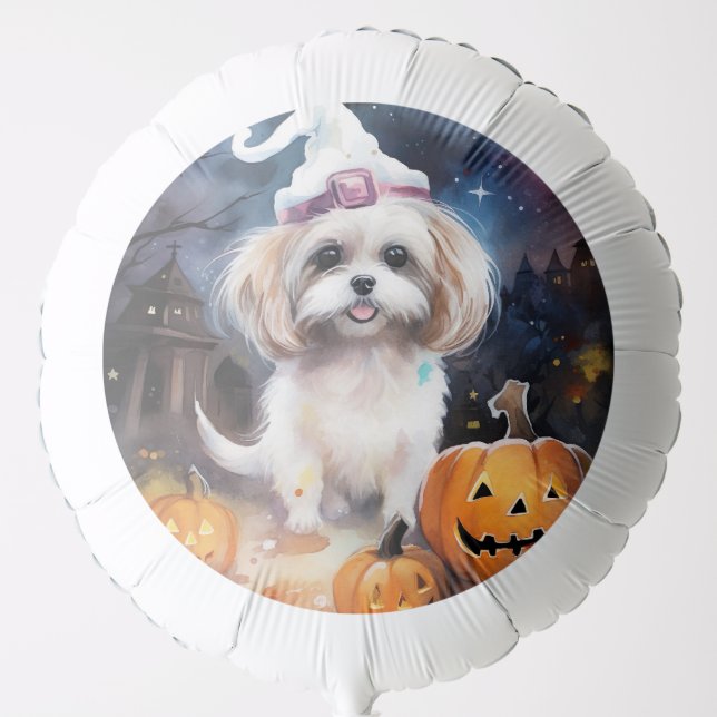Halloween Malti Tzu With Pumpkins Scary  Balloon (Front)