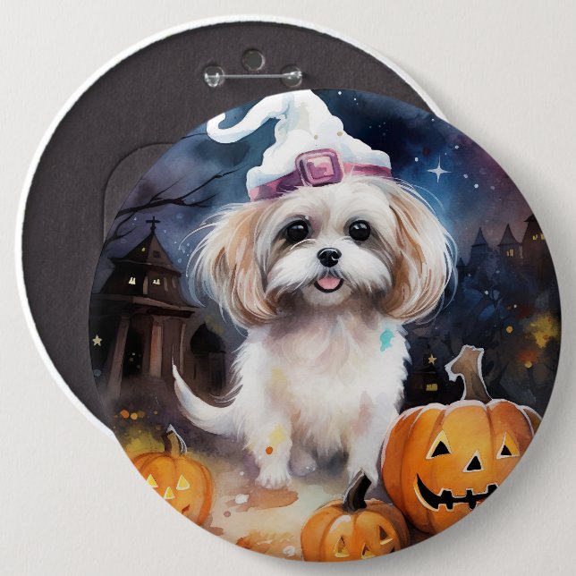 Halloween Malti Tzu With Pumpkins Scary  Button (Front & Back)