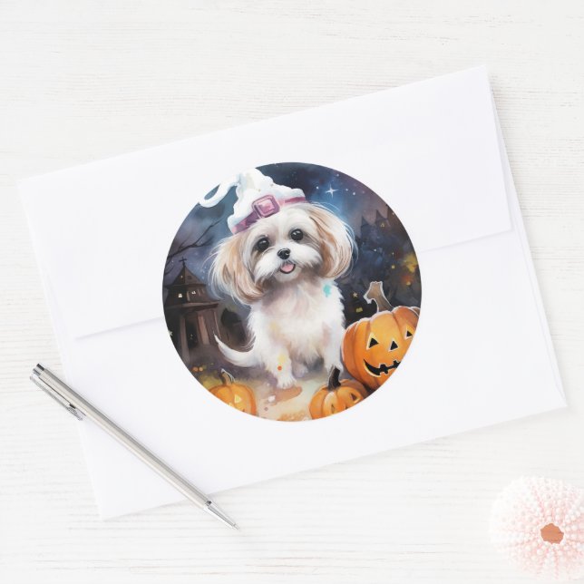Halloween Malti Tzu With Pumpkins Scary  Classic Round Sticker (Envelope)