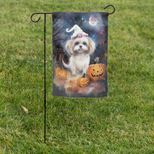 Halloween Malti Tzu With Pumpkins Scary Garden Flag