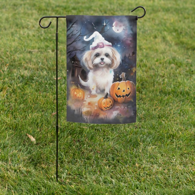 Halloween Malti Tzu With Pumpkins Scary  Garden Flag (In SItu)