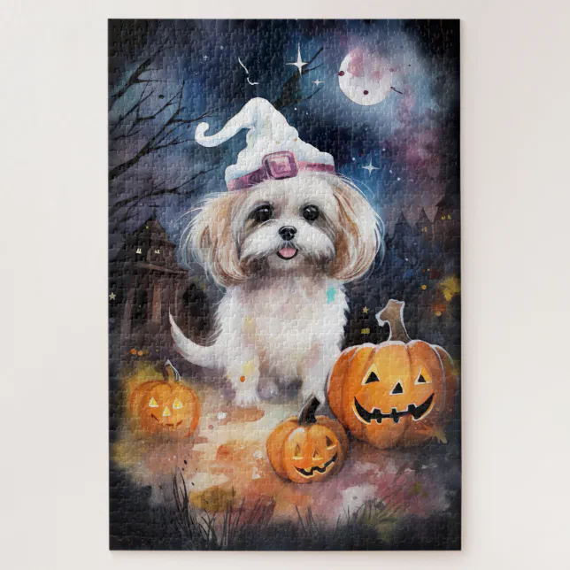 Halloween Malti Tzu With Pumpkins Scary Jigsaw Puzzle | Zazzle