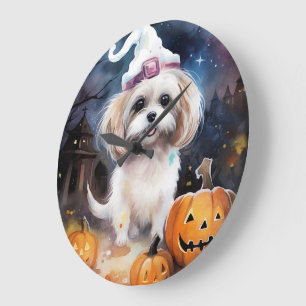 Halloween Malti Tzu With Pumpkins Scary Large Clock