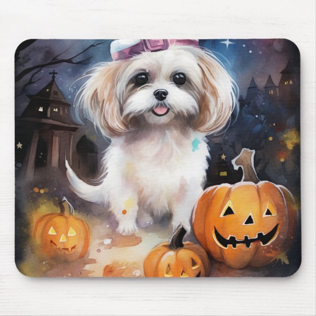 Halloween Malti Tzu With Pumpkins Scary  Mouse Pad (Front)