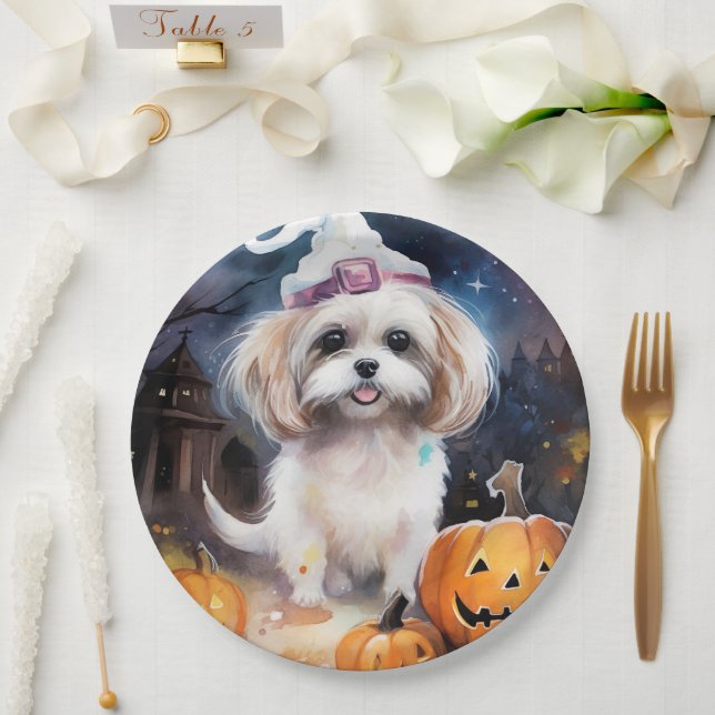 Halloween Malti Tzu With Pumpkins Scary  Paper Plates (Wedding)