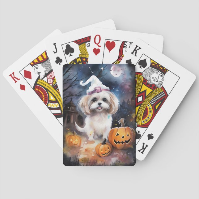 Halloween Malti Tzu With Pumpkins Scary  Poker Cards (Back)