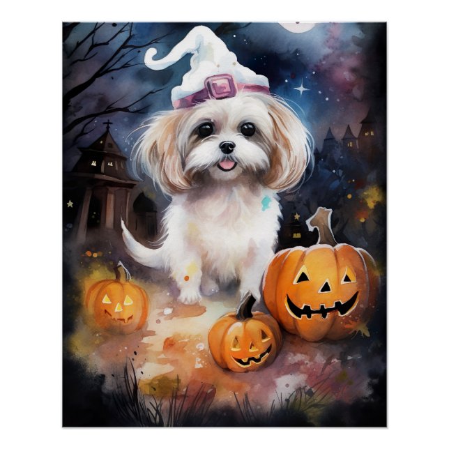 Halloween Malti Tzu With Pumpkins Scary  Poster (Front)