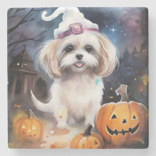 Halloween Malti Tzu With Pumpkins Scary  Stone Coaster