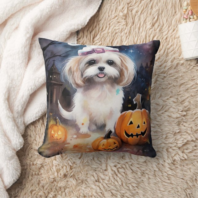 Halloween Malti Tzu With Pumpkins Scary  Throw Pillow (Blanket)