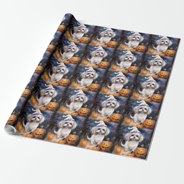 Halloween Malti Tzu With Pumpkins Scary  Wrapping Paper (Unrolled)