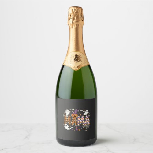 Halloween Mama Ghosts Witch and Pumpkin Graphic Sparkling Wine Label