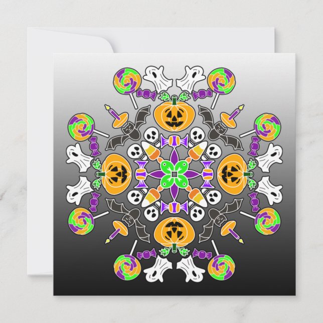 Halloween Mandala Ghosts, Pumpkins, Bats and Skull Invitation (Front)