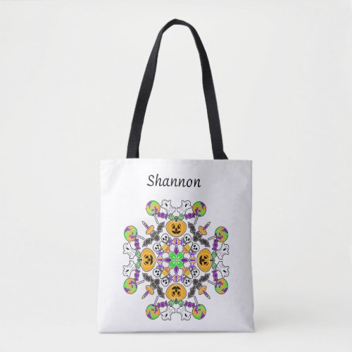 Halloween Mandala Ghosts Pumpkins Bats and Skull Tote Bag