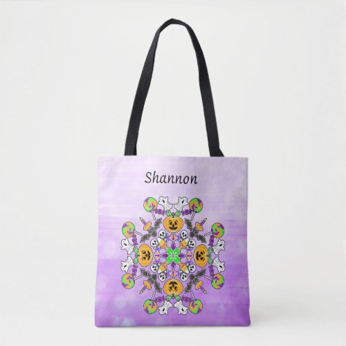 Halloween Mandala Ghosts Pumpkins Bats and Skull Tote Bag