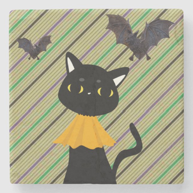 Halloween Marble Stone Coaster, Black Cat Stone Coaster (Front)