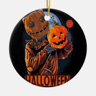 HALLOWEEN MASKED SCARECROW MAN PUMPKIN CERAMIC ORNAMENT