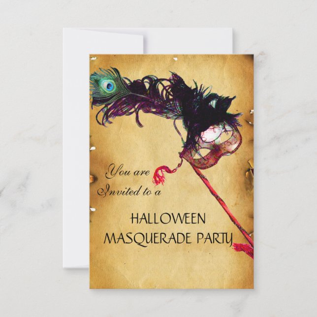 HALLOWEEN MASQUERADE PARTY, parchment rsvp Invitation (Front)