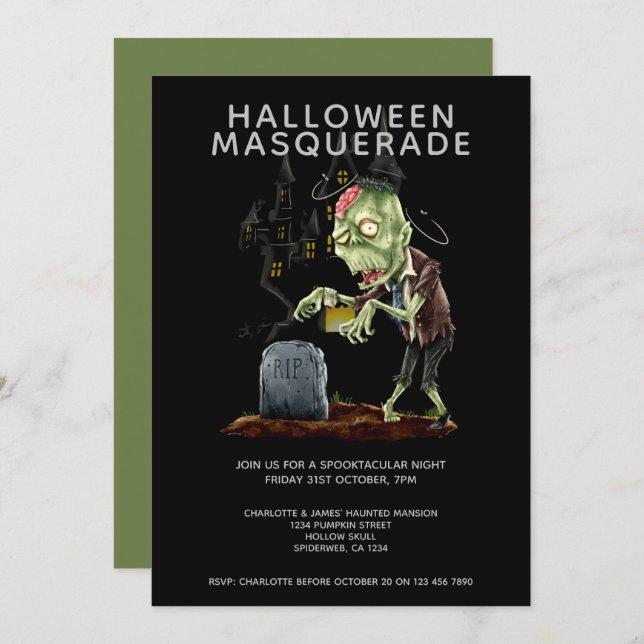 Halloween Masquerade Zombie Brain and Grave Invitation (Front/Back)
