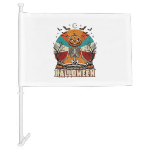 Halloween Meditating Pumpkin Skeleton Retro Sun Ba Car Flag