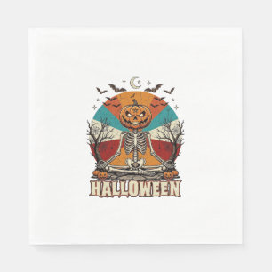 Halloween Meditating Pumpkin Skeleton Retro Sun Ba Napkins