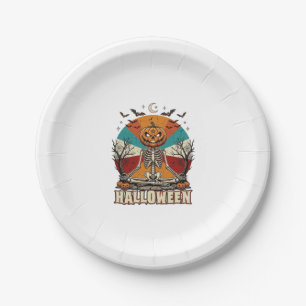 Halloween Meditating Pumpkin Skeleton Retro Sun Ba Paper Plates