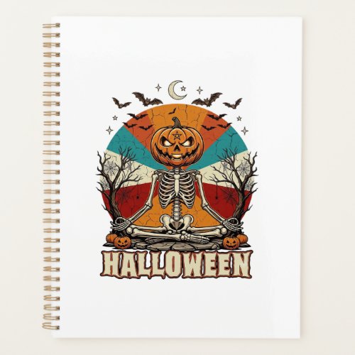 Halloween Meditating Pumpkin Skeleton Retro Sun Ba Planner